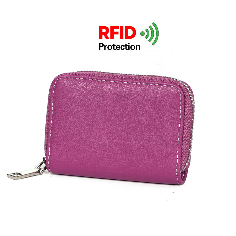 Picture of Zipper card holder unisex first layer cowhide rfid anti-theft brush magnetic leather female card holder