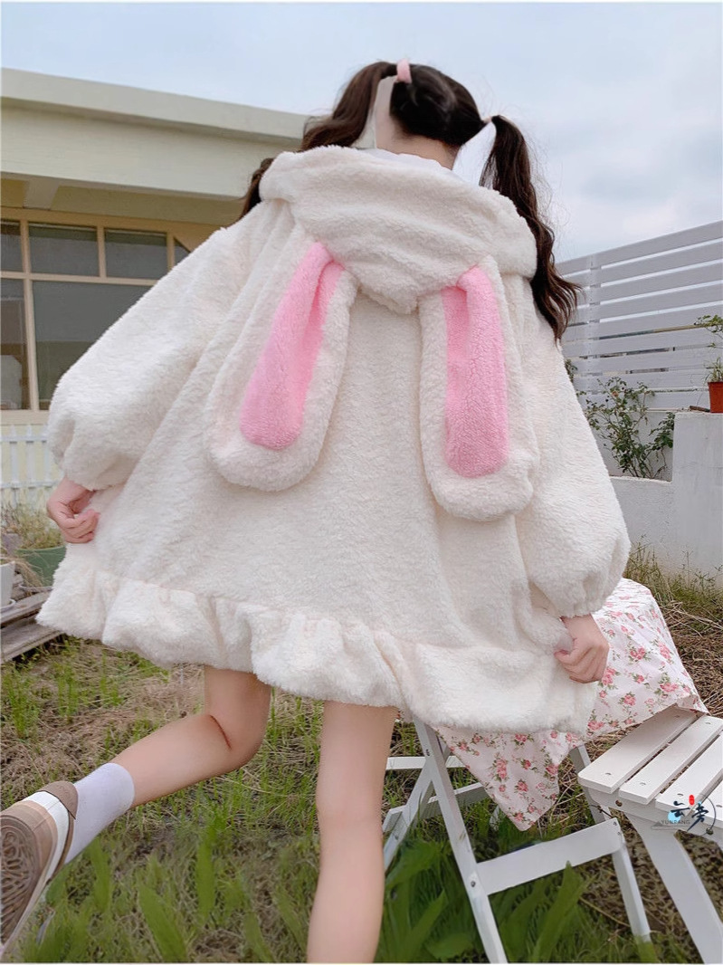Japanese Style Soft Girl Sweatshirt Women's Autumn and Winter New Rabbit Ears Lamb Velvet Thickeneded Student Hooded Ruffled Jacket Top