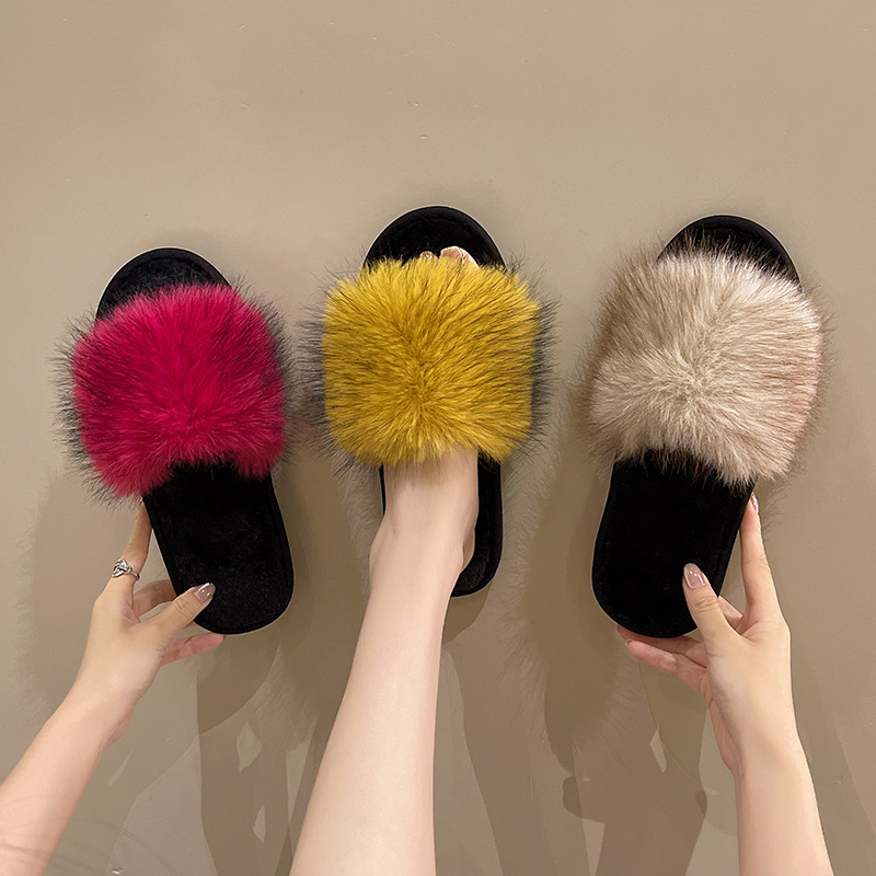 New Foreign Trade Colorful Mink Fur Slippers, Large Fur Fashion Cotton Slippers, Winter Warm Home Slippers for Women