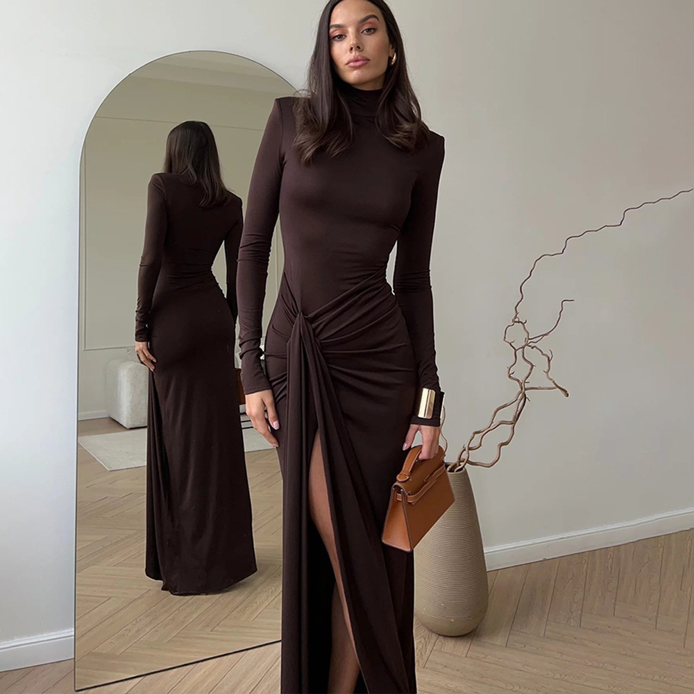 Europe and the United States cross-border autumn and winter new women's fashion sexy high split strap hot girl high collar slim hip dress