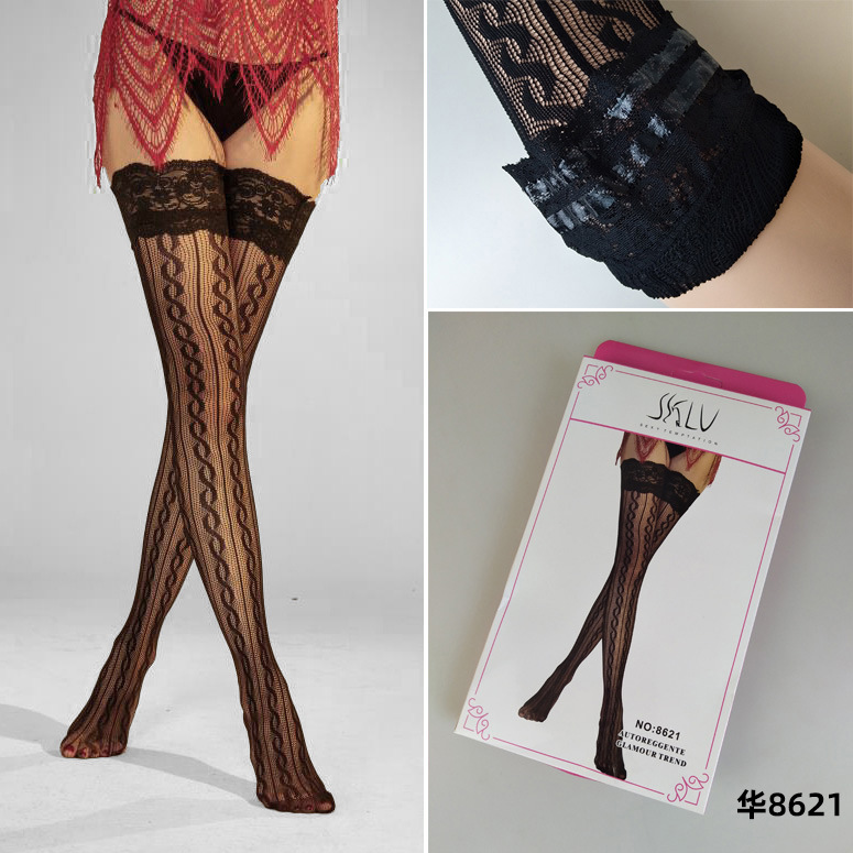 Sexy European and American style long tube jacquard stockings 8621 fishing net high socks women's knee-high hollow thigh jacquard socks