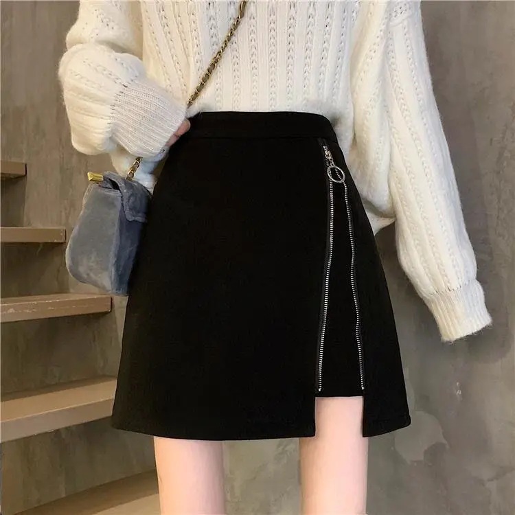 2022 autumn and winter new style small machine woolen skirt women's high waist irregular skirt black A- line skirt hip skirt