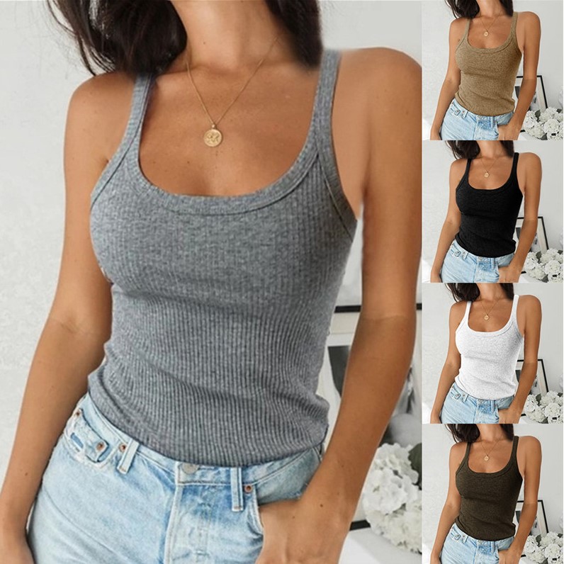 2021 European and American Cross-border Best Selling Solid Color All-match Vest Sexy Crewneck Bottoming Top T-shirt Women's Wear