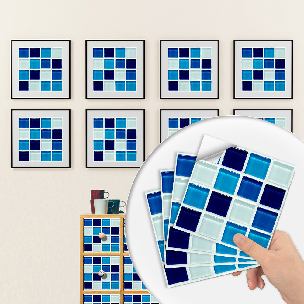 Hard piece blue mosaic tile sticker kitchen bathroom tile diagonal waterproof wear-resistant smooth PVC wall sticker