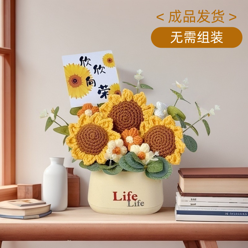 Creative bouquet knitted flowers diy material hand-woven potted finished desktop ornaments send goddess send mother