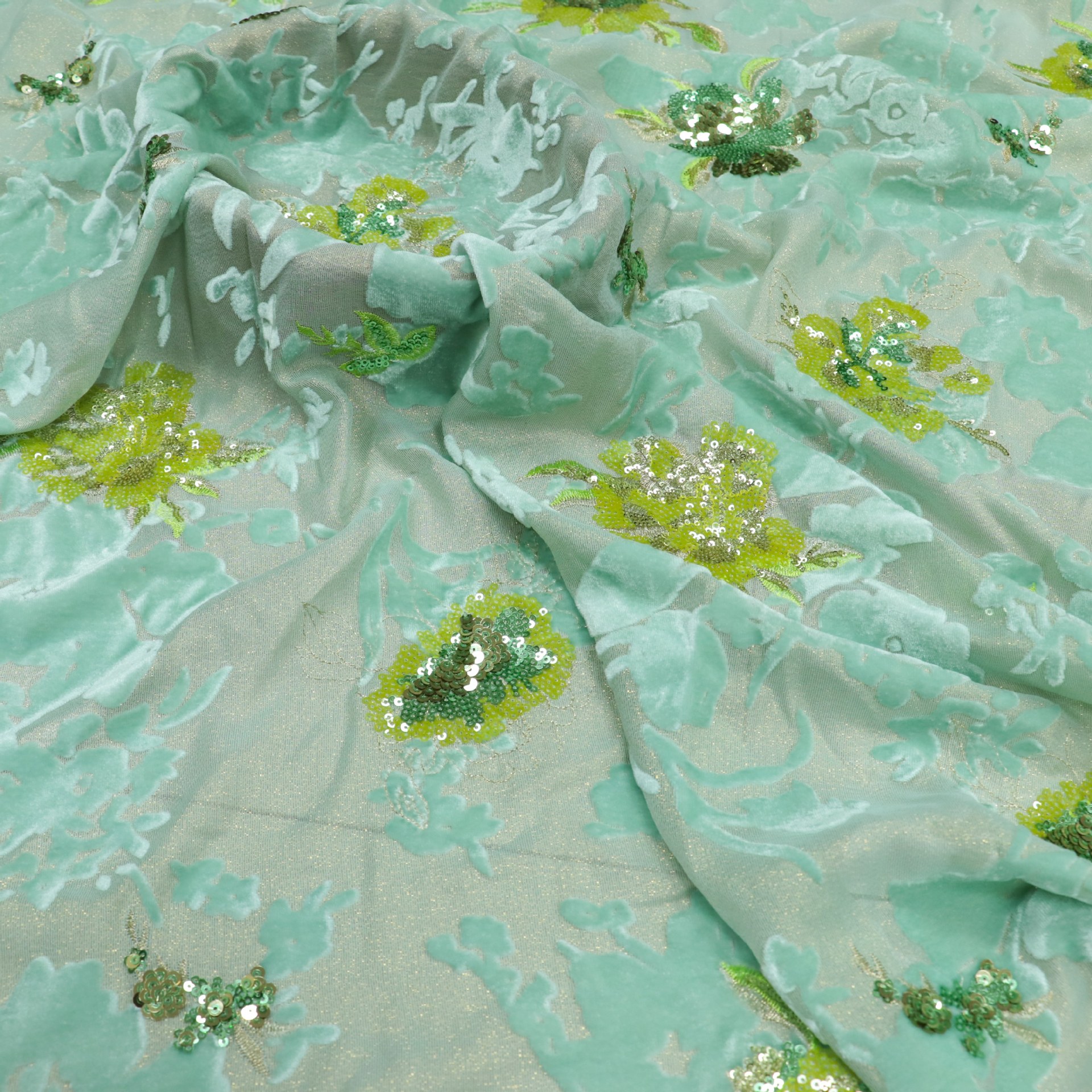 Picture of Teal In-Stock 3D Floral Silk Brocade Sequin Embroidery Georgette Velvet Wedding Dress Performance Clothing Women's Fabric