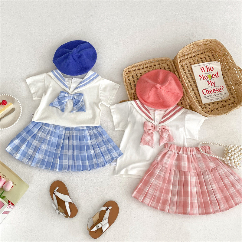 Picture of JK style Korean College pleated skirt woven children's clothing summer children's baby girl 2024 new online celebrity two-piece set suit