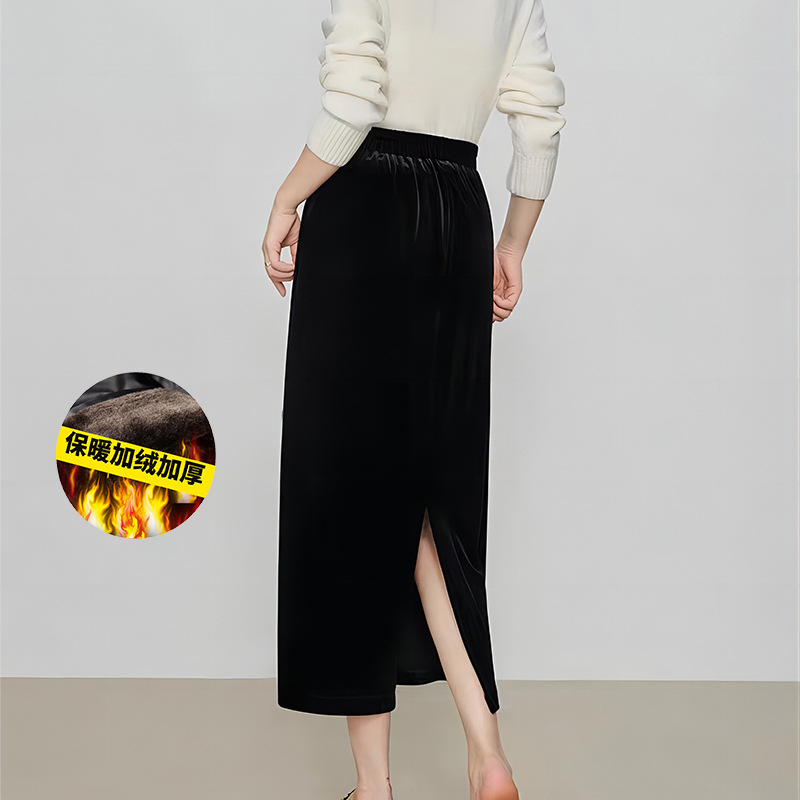 Picture of Velvet Skirt Side Open Back Split Skirt Women's Thickened Autumn and Winter 2024 New Mid-length High Waist Black Straight Skirt