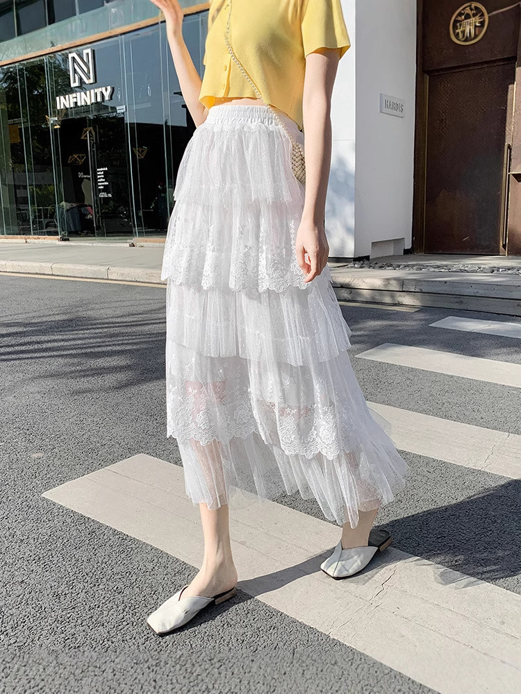 French Lace Stitching Skirt Fairy Veil Skirt 2024 Summer New Umbrella Skirt Mid-length Embroidered Cake Skirt