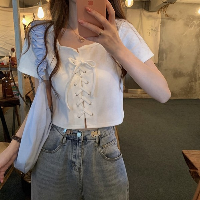 New Style Strap T-shirt Women's Summer Dress Design Sense Short-sleeved Cyber Celebrity Slim-fit ins Short Cropped Top Women's Cross-border Women's Clothing