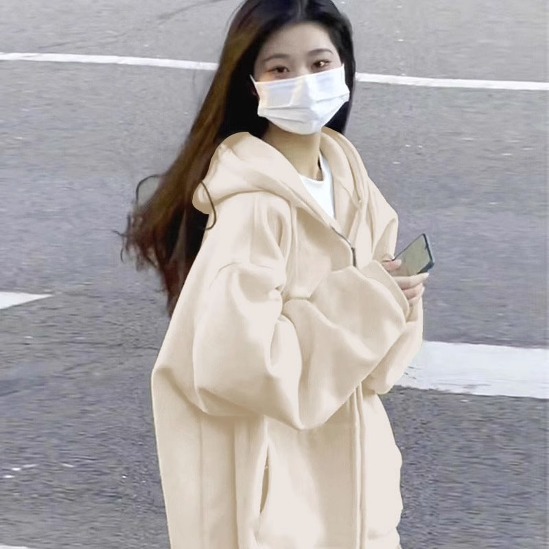 Picture of Wholesale Dropshipping Zipper Cardigan Solid Color Sweatshirt Jacket Women's Autumn Style American Retro Loose Hooded Top