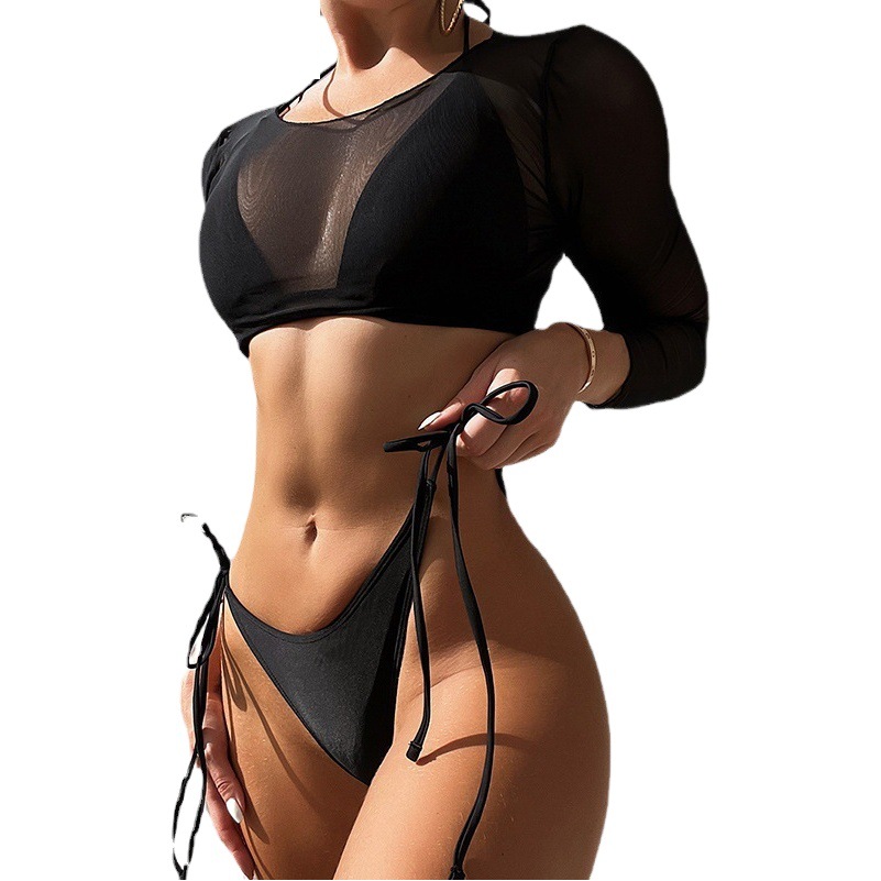 Bikini Three-Piece Mesh Split Swimsuit Tie-Dye Printed Solid Color AliExpress Amazon European and American Sexy Strap