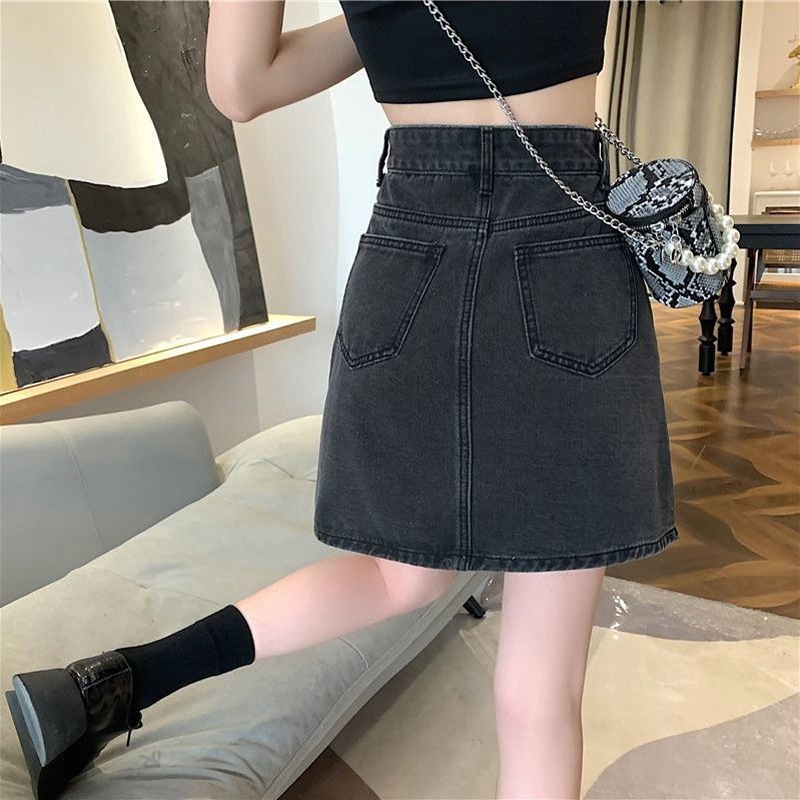 Picture of Summer Korean-style ins Black Grey High Waist Small Denim Skirt Women's All-match Slimming Hip A- line Short Skirt Trendy