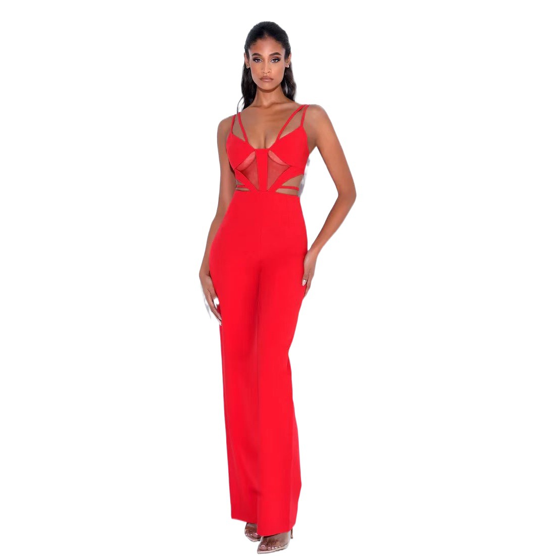 Bandage jumpsuit Red sling mesh hollow out wide leg pants jumpsuit sexy backless banquet party jumpsuit