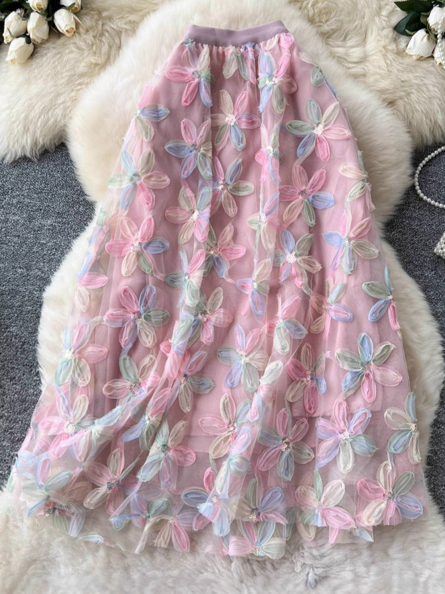 European and American heavy industry floral sequin fairy tulle skirt, 2025 spring new hip-covering long umbrella skirt, A-line midi skirt