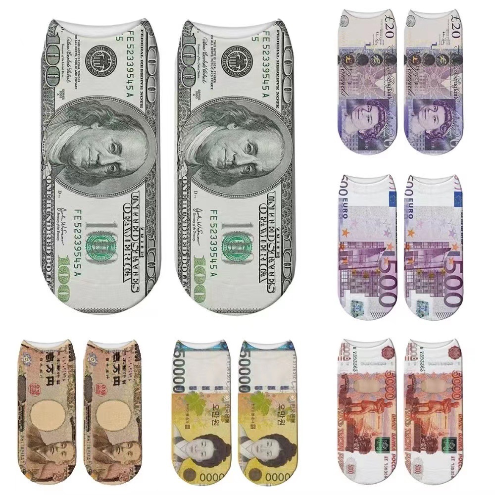 Spot Socks Women's Short Socks Creative 3D Dollar Printed Paper Currency Korean Dollar Boat Socks Cartoon Money Paper Short Socks Thermal Transfer Printing