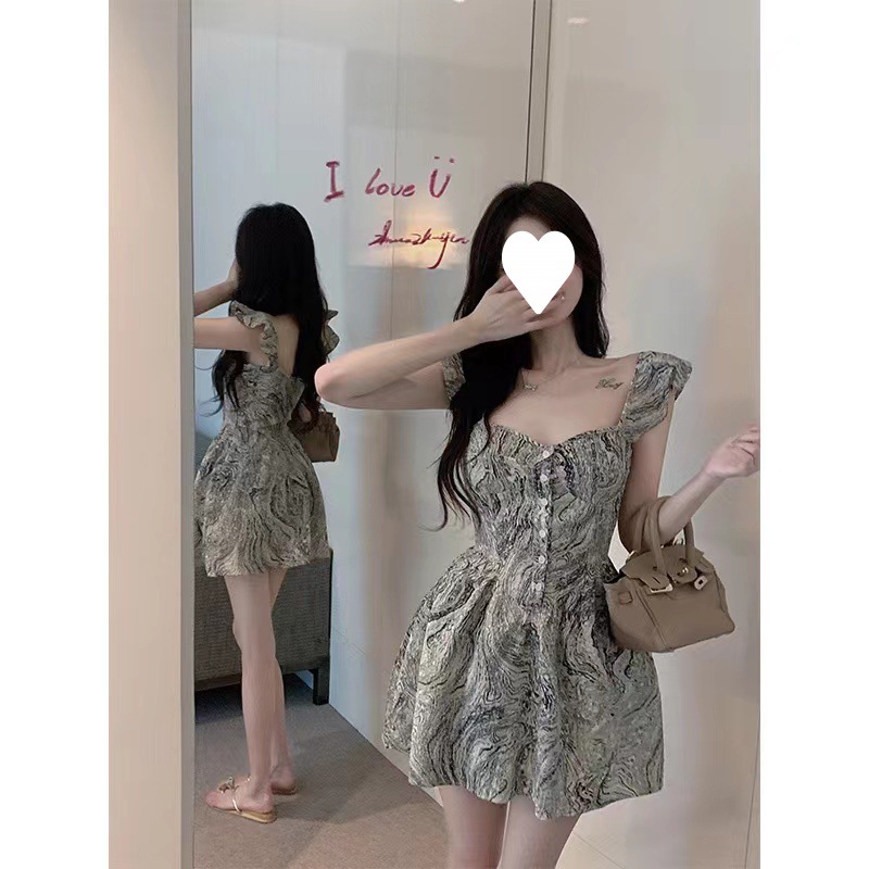 Square Collar Sling dress Tight Waist 2025 Summer Spice Girls Student Backless Sexy Women's Puff Short Gentle Skirt