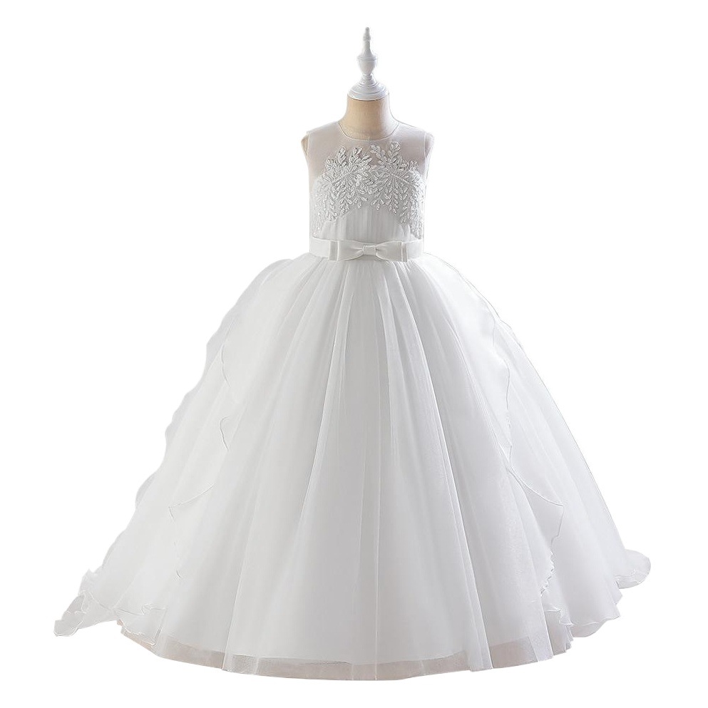 Girls Princess Dress Piano Performance Dress Tail Chiffon Dress Sleeveless Beaded Dress Girl Catwalk Dress
