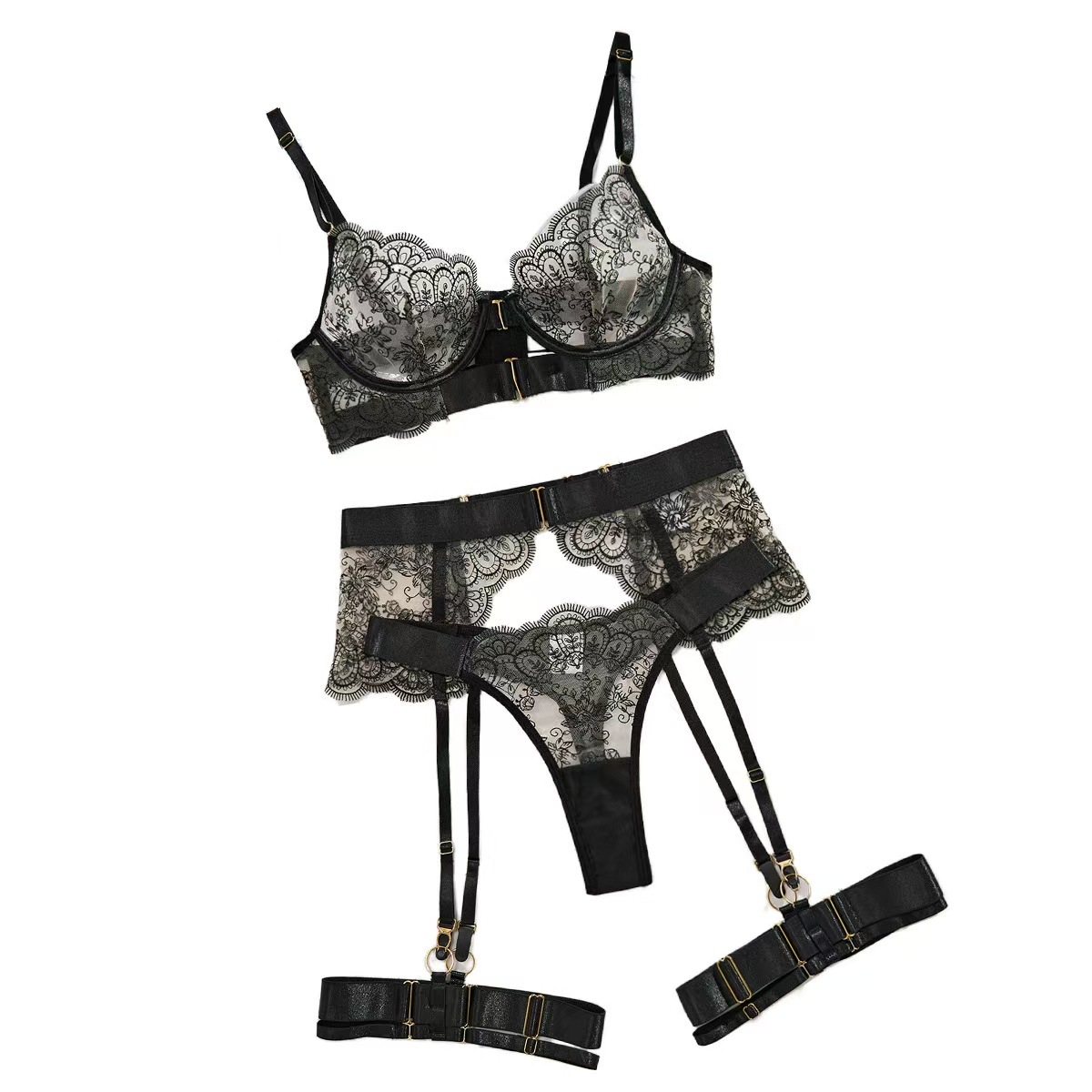 Picture of Amazon Independent Station Sexy Lingerie Heavy Embroidered Metal Buckle Hollow Perspective Multi-piece Set