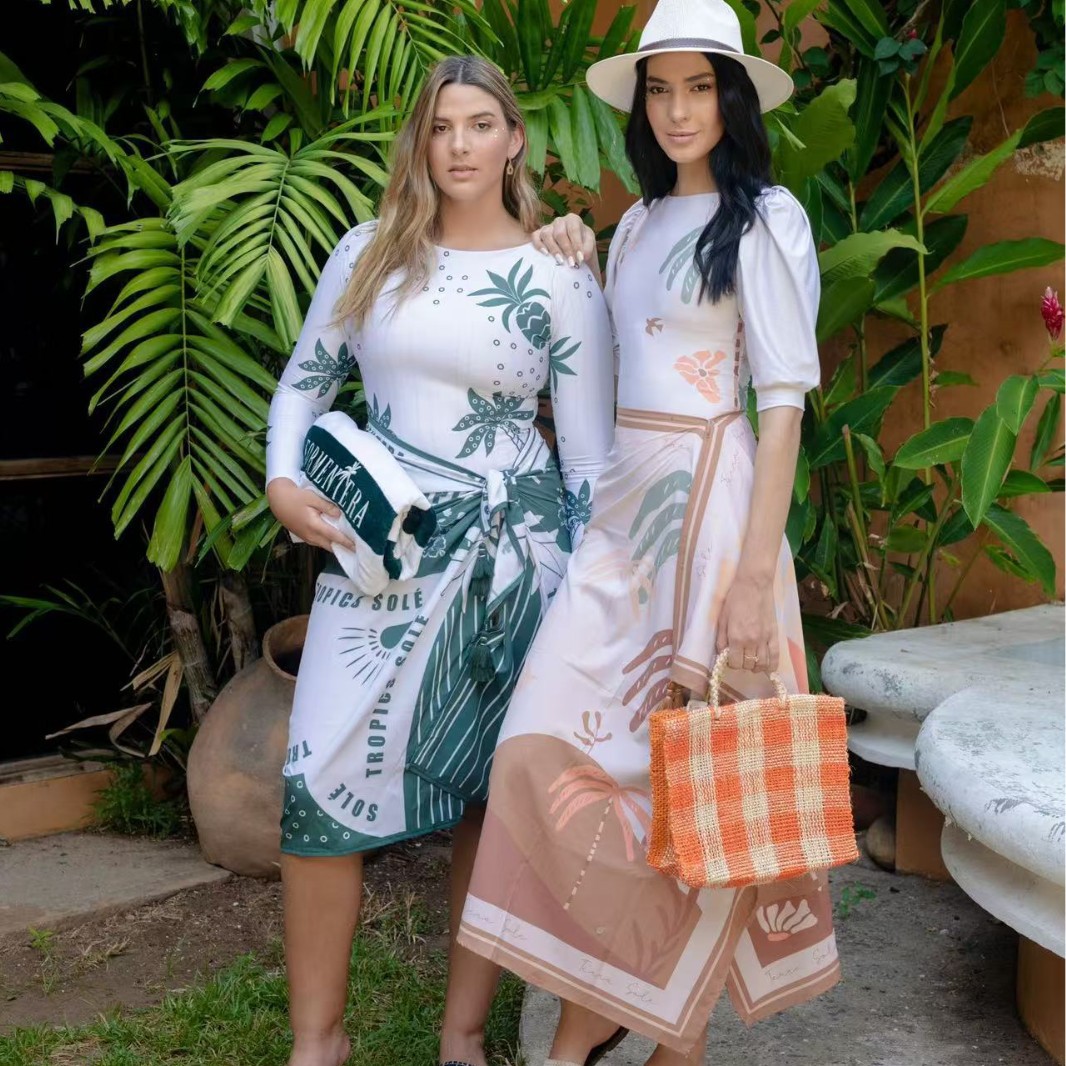 2025 Cross-Border Amazon Conservative One-Piece Swimsuit for Women European and American Printed Long-Sleeved Bikini Sun Protection Beach Skirt Suit