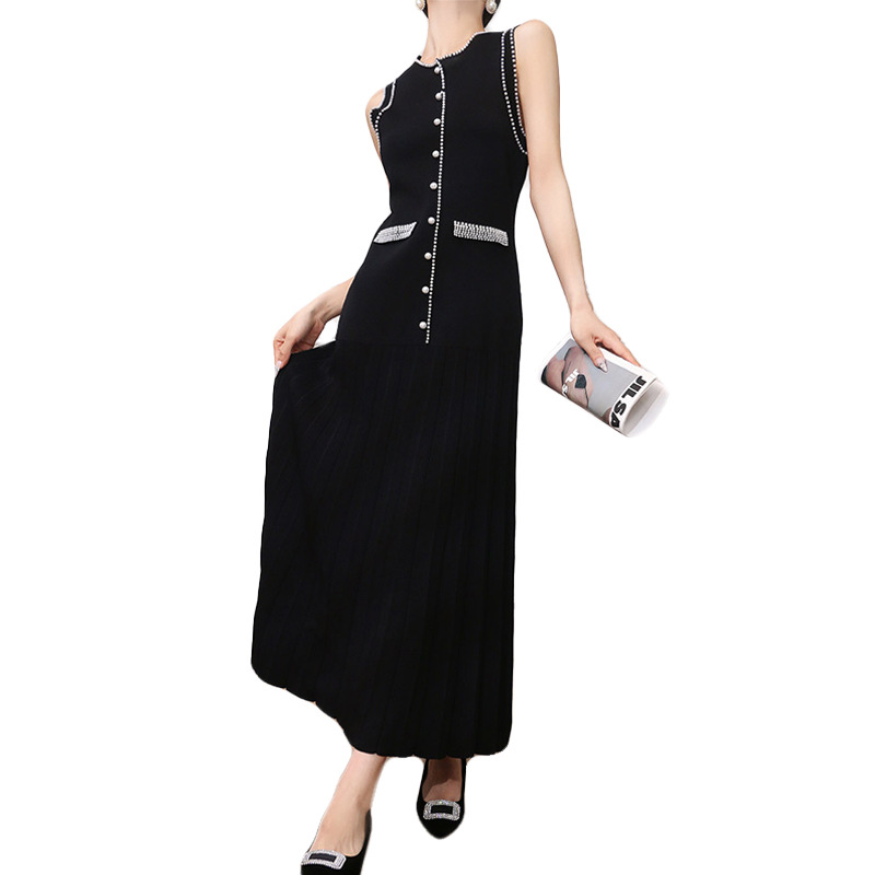 Picture of Foreign Trade European and American Clothing Lady Style Beaded Knitted Sleeveless Little Black Dress Summer New Mid-Length Slim Dress