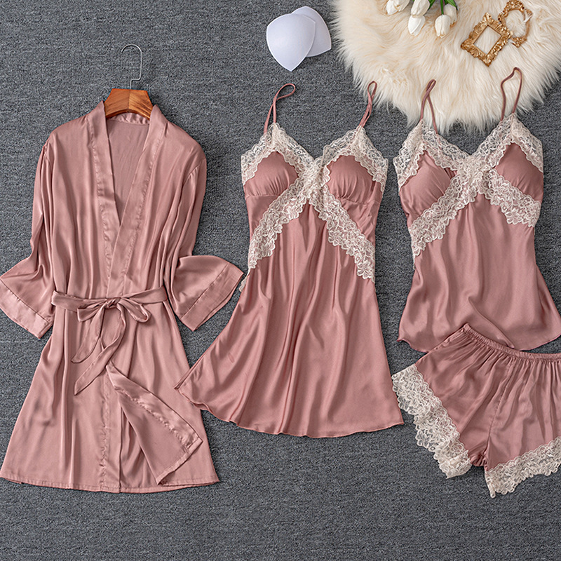 Picture of Spring and Summer Women's Pajamas, Ice Silk Thin Five-Piece Set, Sexy Camisole Nightdress, Large Size Loose Nightgown with Chest Pad, Loungewear