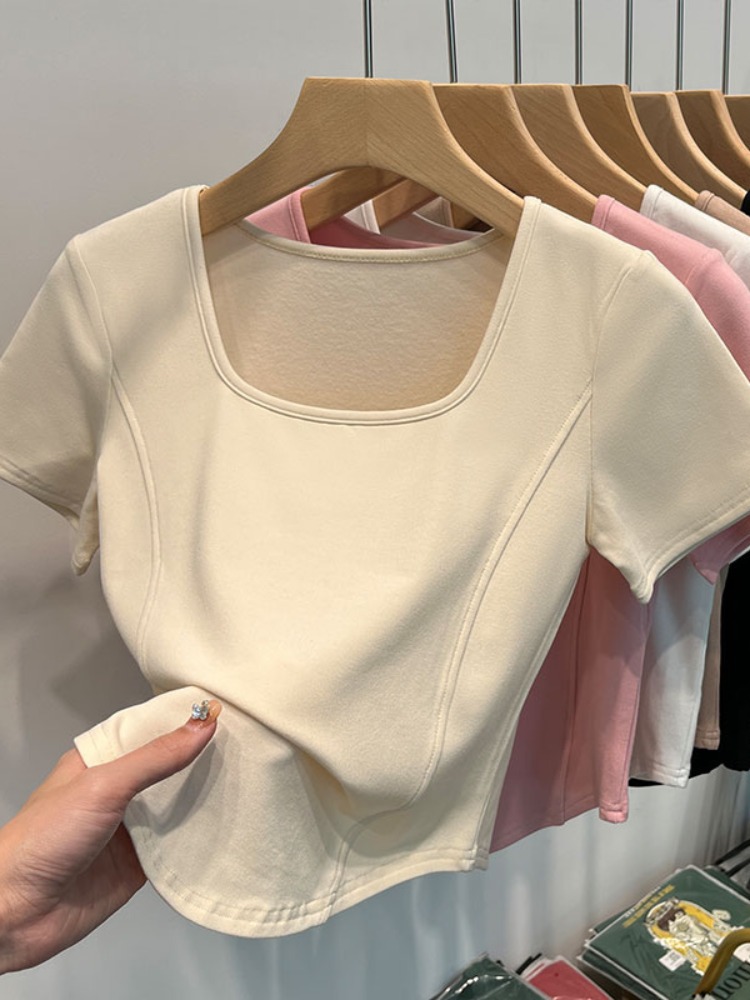 Picture of Square Collar Shoulder White Short-sleeved T-shirt Women's Summer Curved Hem Large Neck Slim-fit Slimming Short Fishbone Top