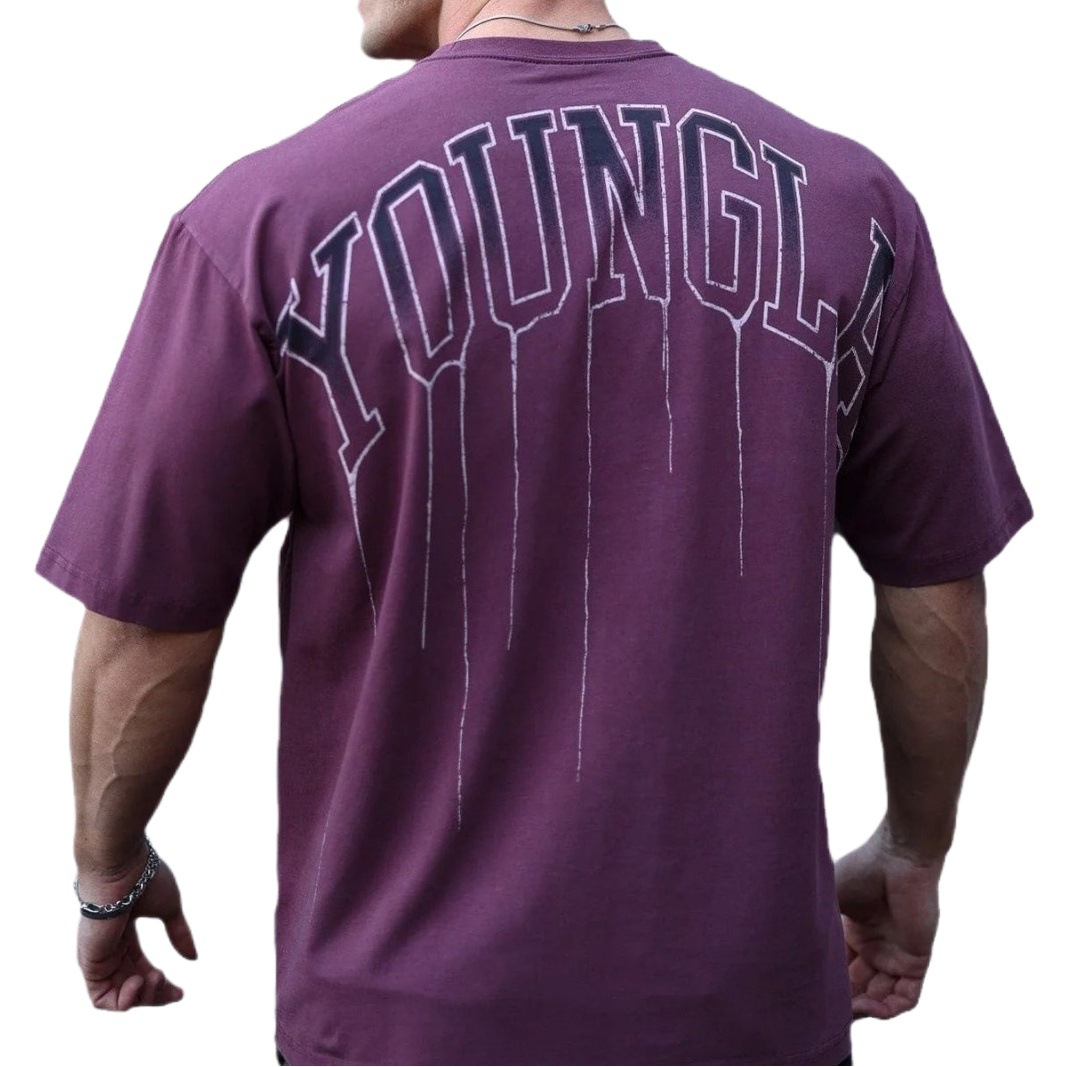 YOUNGLA Men's Oversized T-Shirt Cotton Round Neck Loose Short Sleeve Gym Sports Fitness T-Shirt 240 Fabric