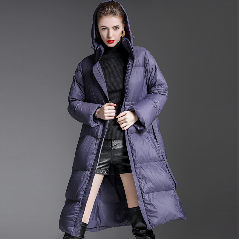 Picture of Hooded White Duck down down Jacket for Women 2025 Mid-Length Fashionable Classy Loose Thickeneded Lace-Up down Jacket