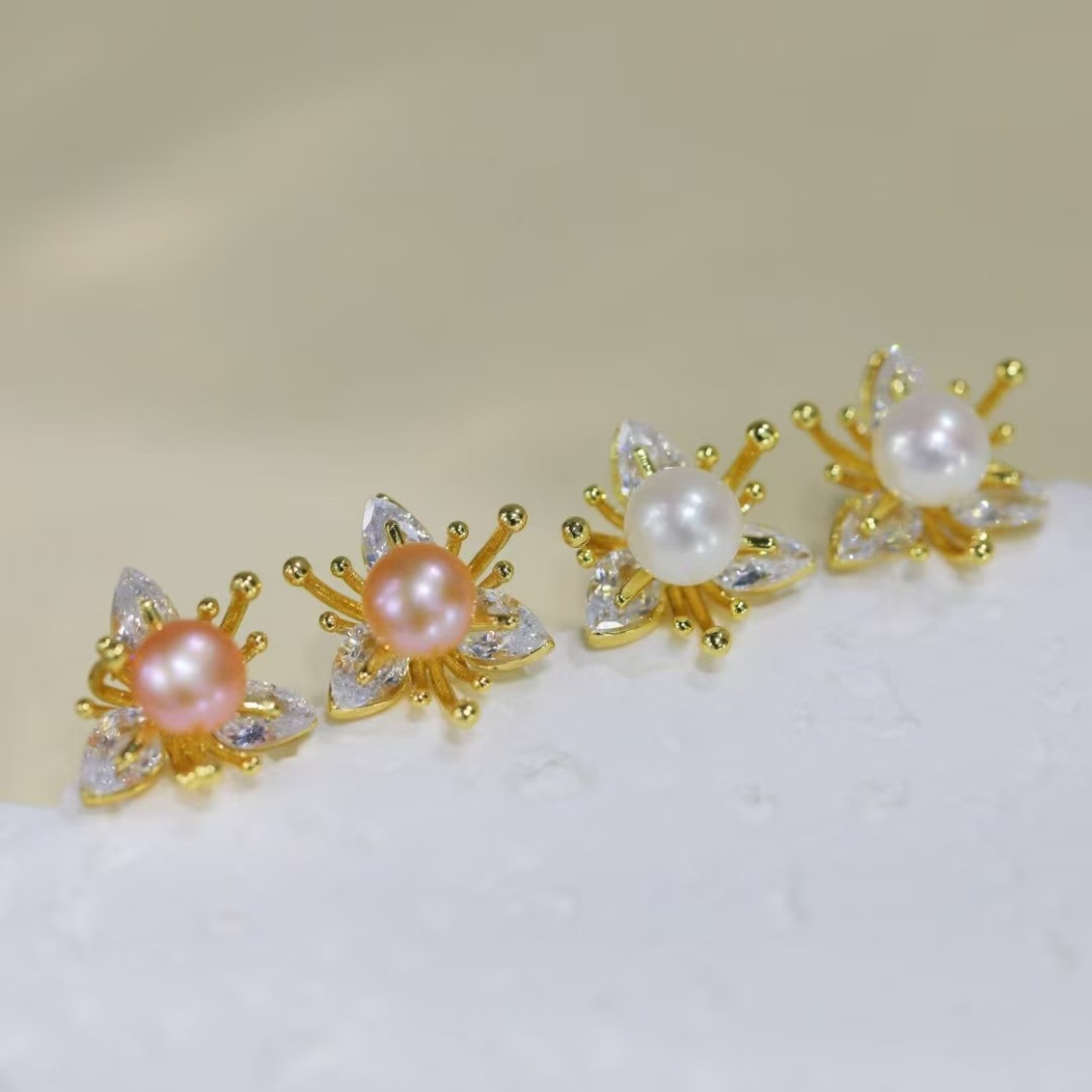 S925 Silver Needle Zhuji Freshwater Pearl Earrings Zircon Flower Stamen Earrings Vintage Flower Earrings Wholesale Women's Earrings