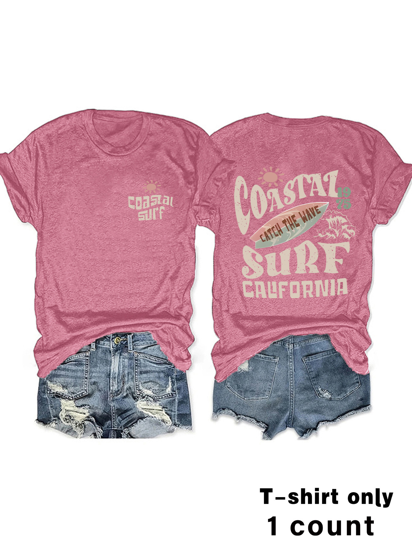Picture of European and American Round Neck Vintage Coastal Surf Californiamatc Top Women's T-Shirt Loose Short Sleeves