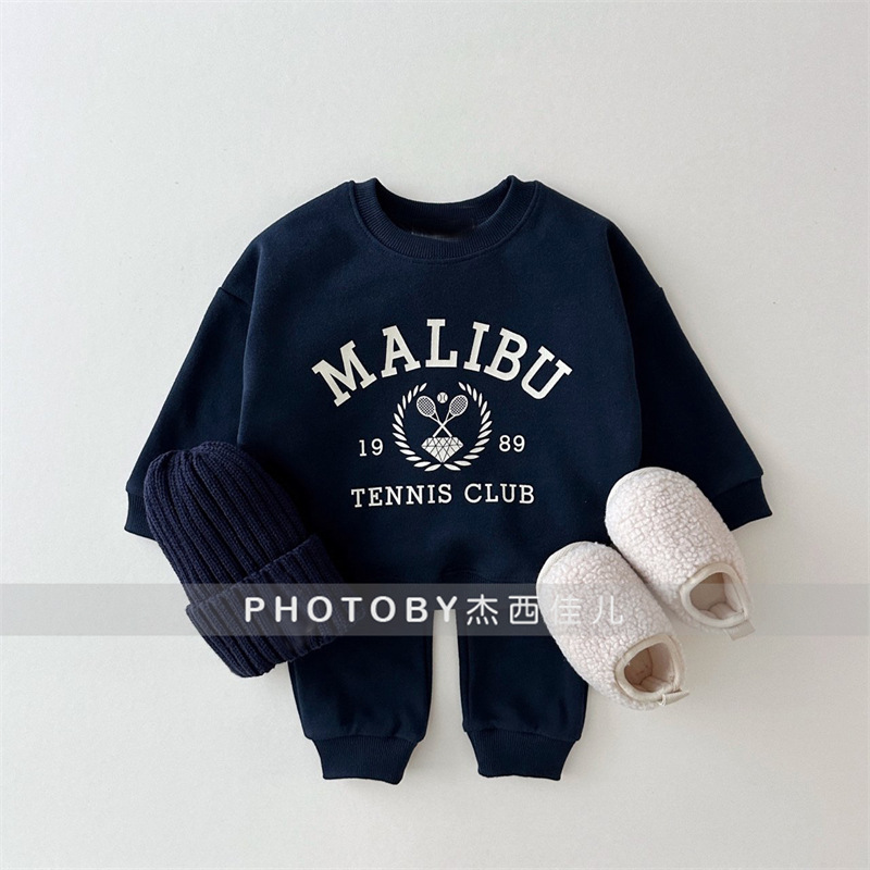 Korean Children's Winter Wear suit Printed Letter Racket for Boys and Girls Fleece Sweat Two-Piece Set