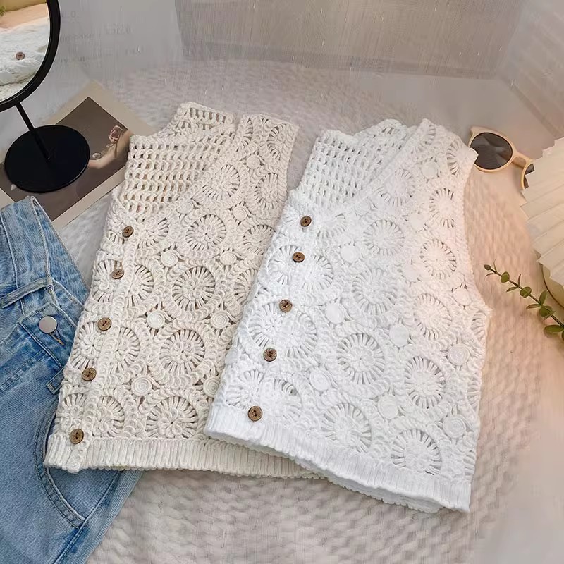 Picture of Summer Twist Wooden Buckle Knitted Cardigan Loosen Sleeveless Cutout Cute vintage Vest Inner Top
