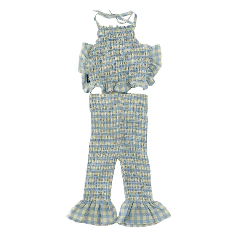 Girls Suit Plaid Backless Elastic Suspender Top and Bell Bottoms 25 Summer Clothing New Export Children's Clothing