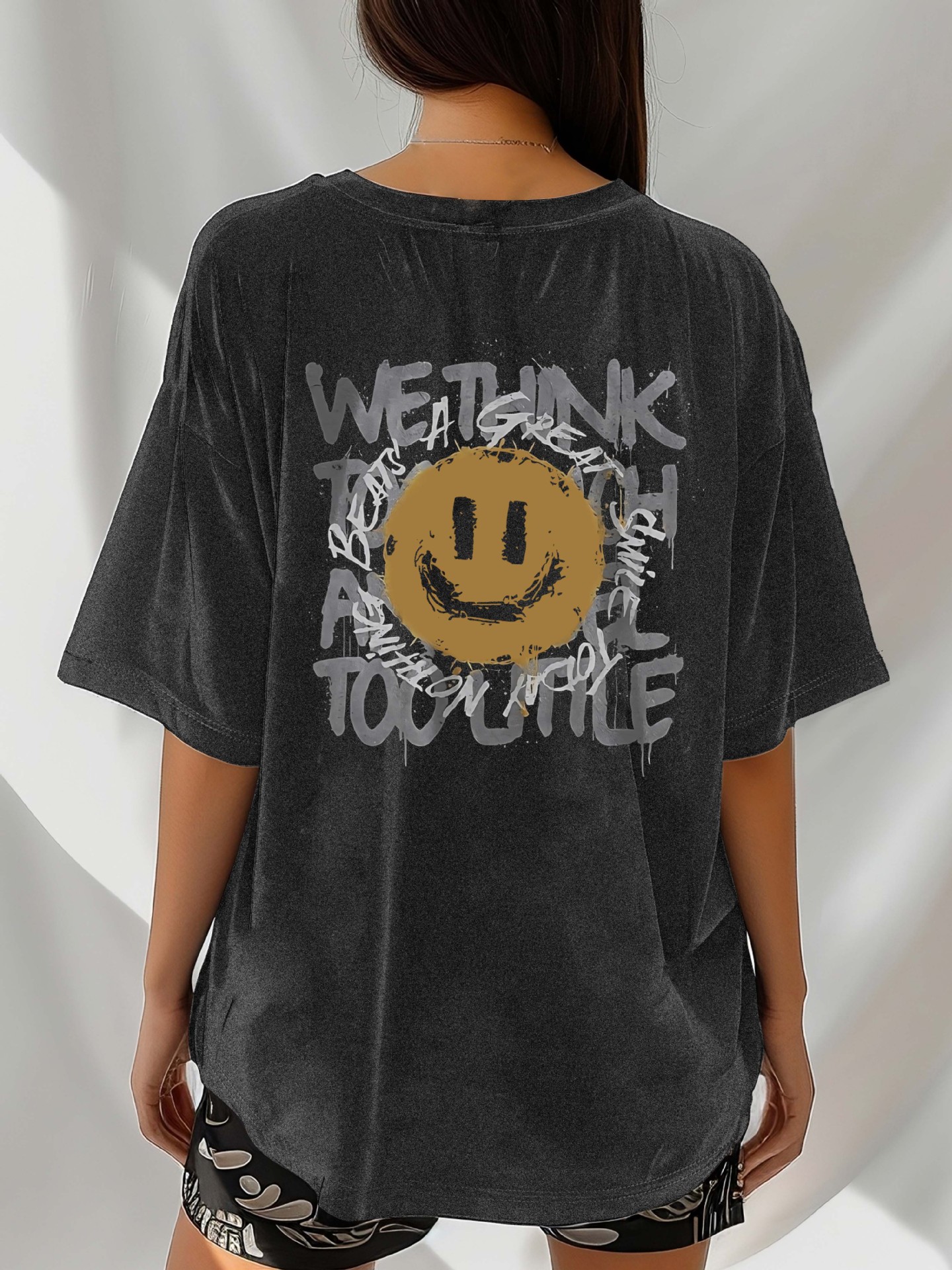Women's Vintage Double-Sided Letter Smiley Face Casual Antique Washed T-Shirt