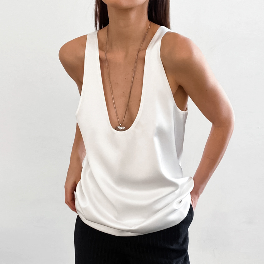 Picture of 2025 Summer New Pure Color Satin U-Neck Sleeveless T-Shirt European and American Versatile Street Style Vest Wholesale for Women