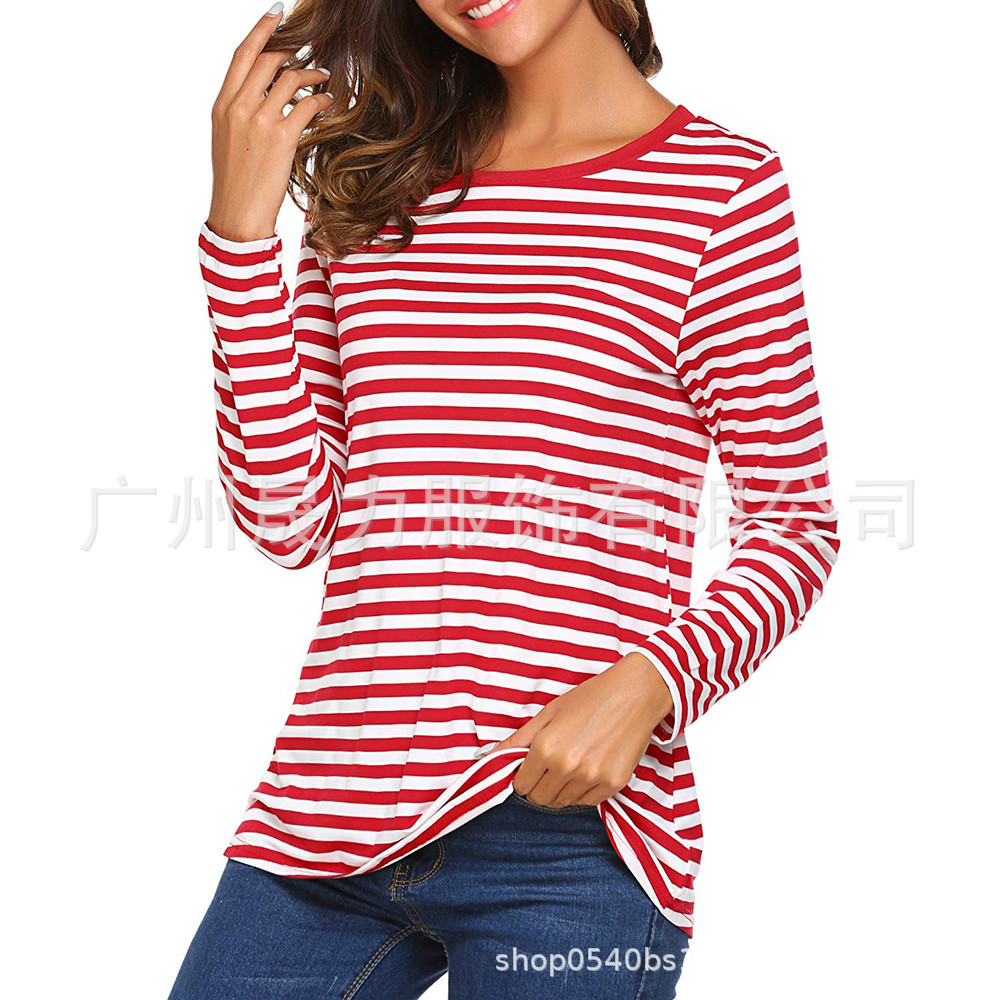 Autumn and Winter New Amazon Women's Long Sleeve Round Neck Striped Loose T-shirt