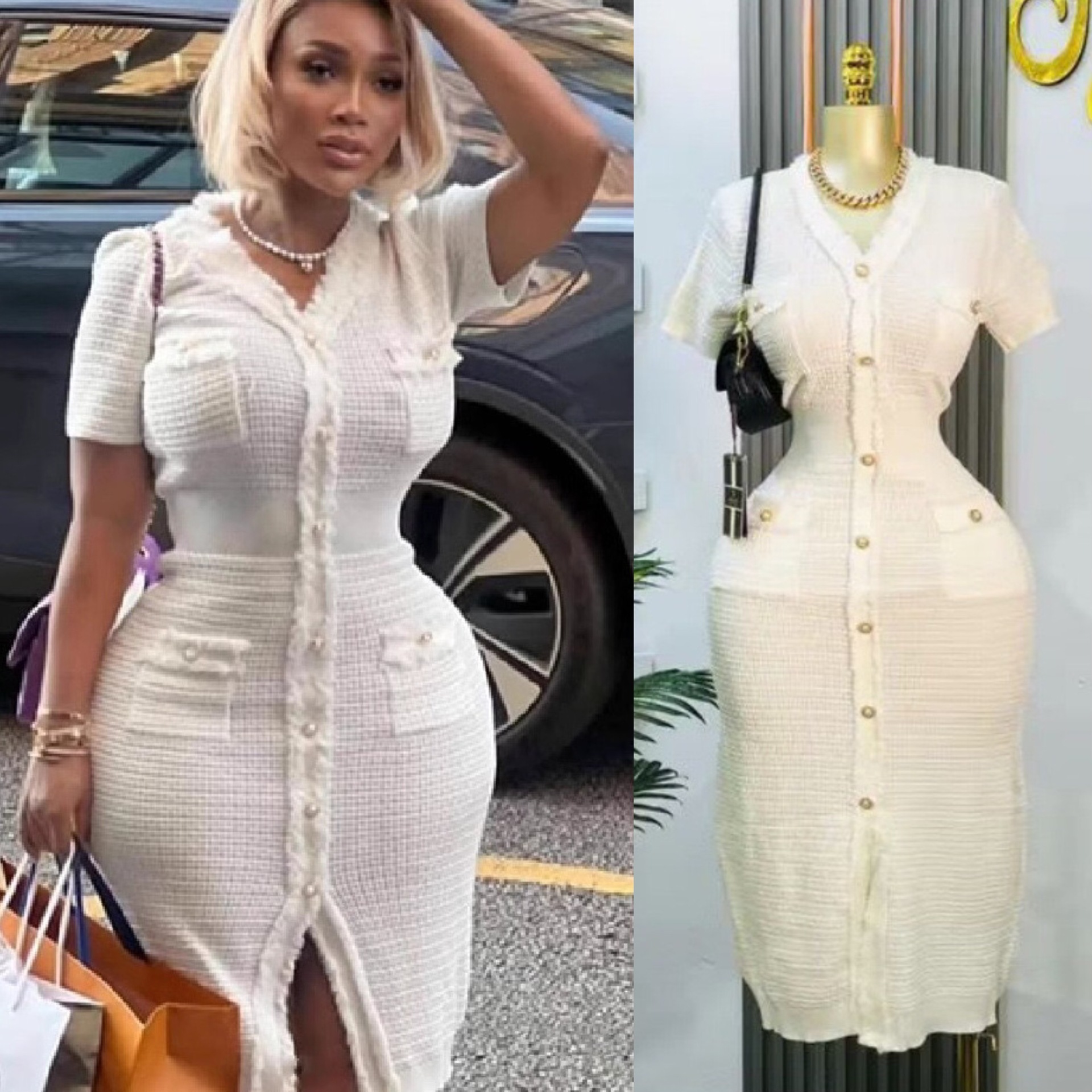 European and American Cross-Border Amazon Elegant V Neck Slim Short-Sleeved Tassel Niche Knitted Dress Slimming Look