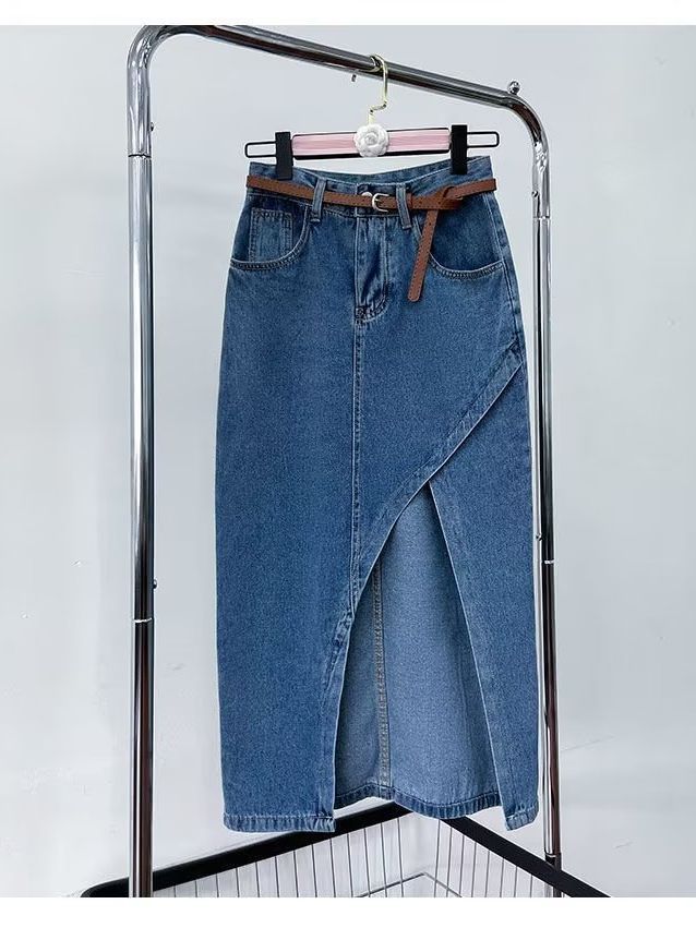 Picture of Blue High Waist Irregular Split Denim Skirt Women's 2023 Summer Slim-fit Slimming Sexy Hip Mid-length Skirt