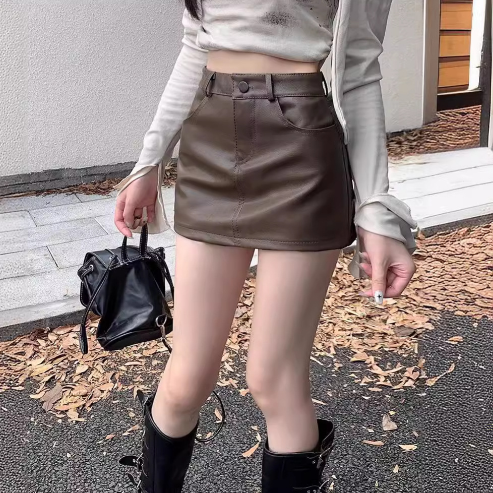 Maillard pu leather skirt women's summer 2024 new high waist brown skirt A- line hip skirt