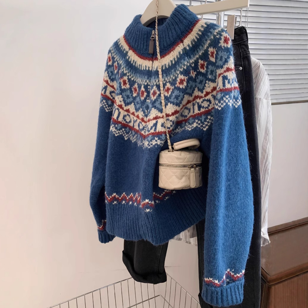 Blue Fairland Collar Zipper Sweater Coat Women's Autumn and Winter Thickened Lazy Style High-grade Knitted Cardigan