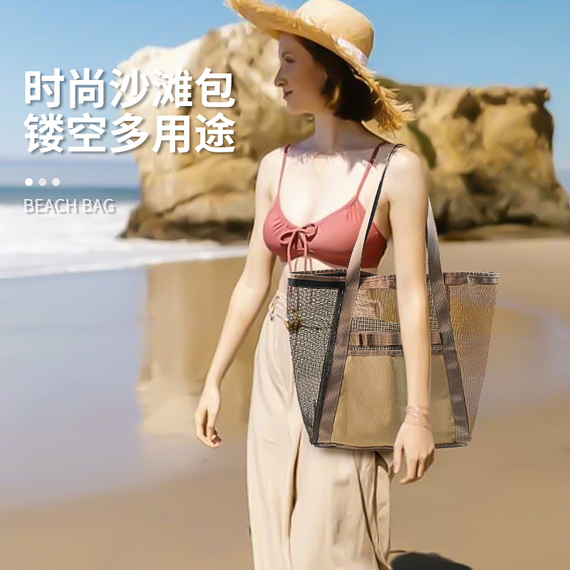 New Contrasting Color Pvc Mesh Cut Out Beach Mesh Bag Satchel Beach Bag Shoulder Shopping Bag Travel Storage Bag