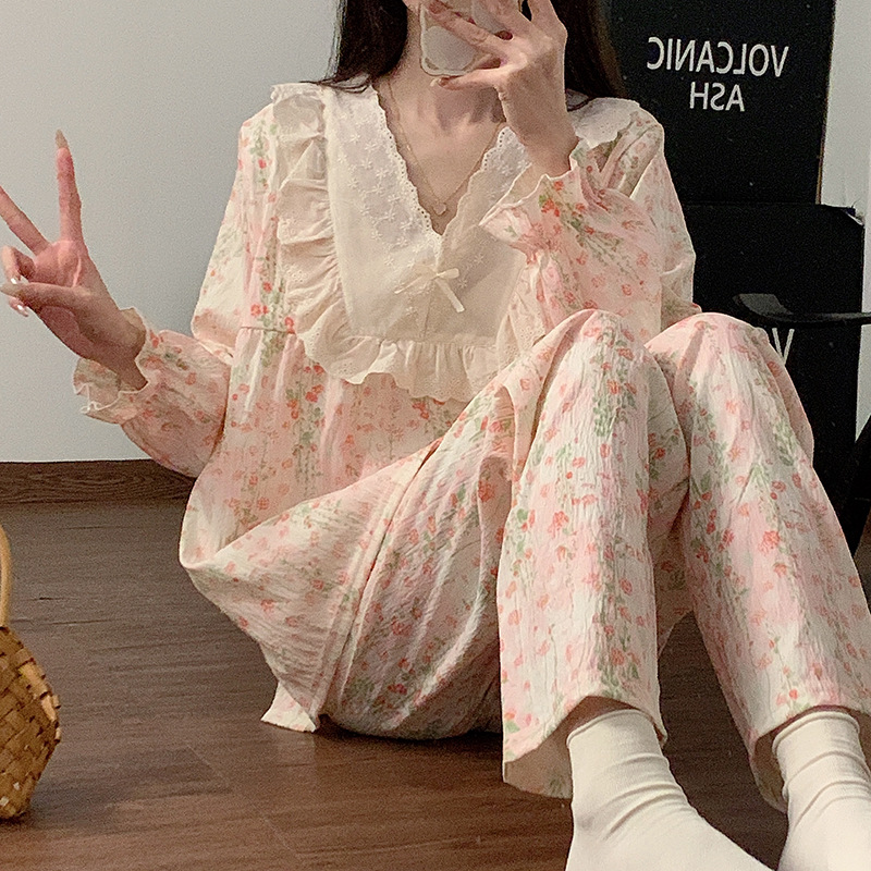 Korean Style Palace Style Pajamas Women's Spring and Autumn Sweet Lace Long Sleeve Trousers suit New Comfortable Cloud Cotton Home Clothes