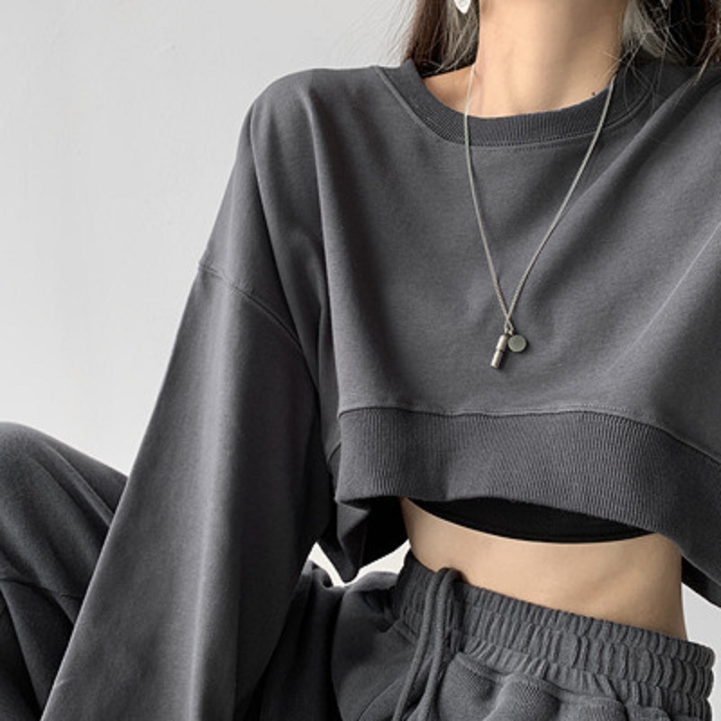 Picture of Short Sweater Women's Autumn Korean Solid Color New Loose Navel Round Neck Women's Foreign Trade Top Women's Fashion Wholesale