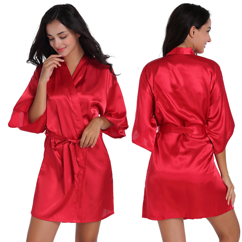 Picture of Amazon Cross-border Women's Twisted Sade Nightgown Bathrobe Solid Color Glow Summer Thin Sexy Short Cardigan Gown