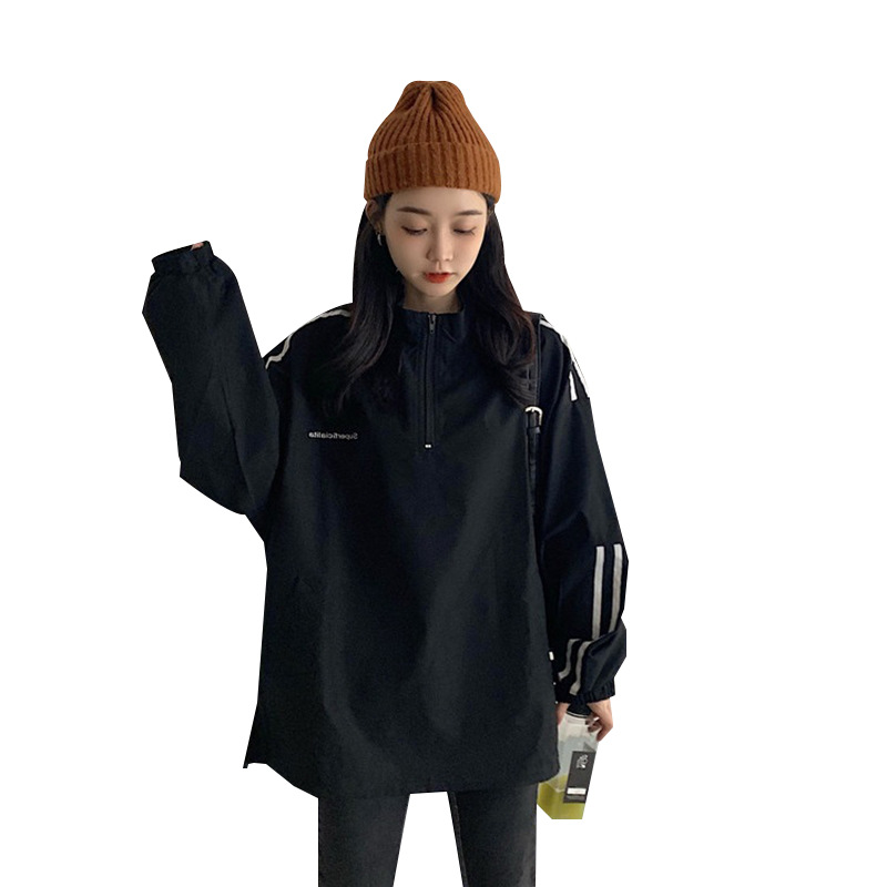 Picture of Cotton Trendy Zip-Up Sweatshirt for Women, Spring and Autumn Thin Style, 2025 New Korean Version, Striped College Style Student Top, Ins