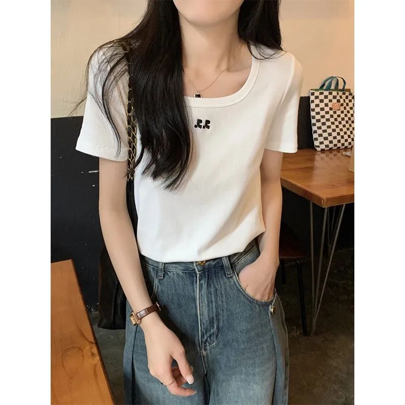 Solid Color Shoulder Short-sleeved T-shirt Women's 2024 New Summer Ice Silk American Embroidery Fashion Niche Design Sense Top