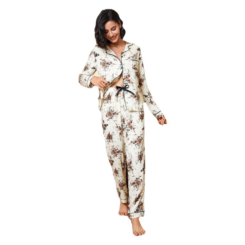Amazon Cross-Border European and American Pajamas for Women in Autumn and Winter Printed Long-Sleeved Home Clothes Set That Can Be Worn Outside Foreign Trade Independent Station