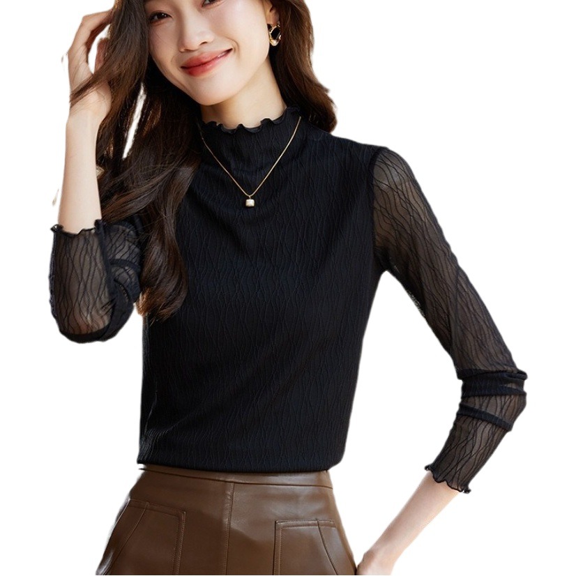 Picture of Texture lace bottoming shirt for women 2024 spring new Korean style lace half turtleneck inner long sleeve T-shirt top autumn and winter