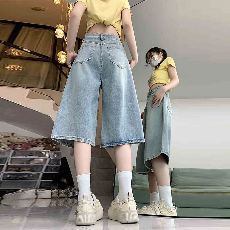 High Street Plus Size Wide-Leg Denim Mid-Length Shorts Summer Light Blue Cropped Women's High-Waisted Loose American Style Slimming Straight Shorts